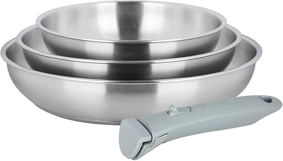 Sitram Arpege 716942 Set of 3 Frying Pans Stainless Steel Diameter 20,24,28 mm Mirror Exterior - Healthy Cooking Without Harmful Non-Stick Coating - Removable Handle SITRAMOVIBLE - Suitable for All