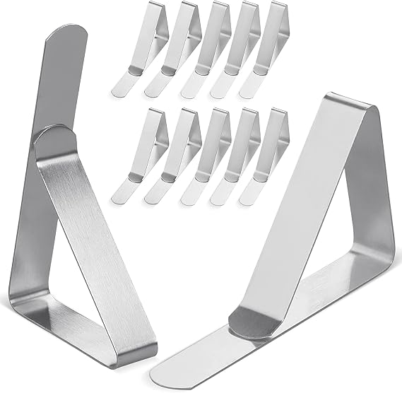 Tablecloth Clips [USA Based Brand] - 12 Pack Stainless Steel | Rust Proof Table Clips for Home, Restaurants, Picnic, Party, Dining Tables - Fits Up to 1.8 Inch Thick Tables