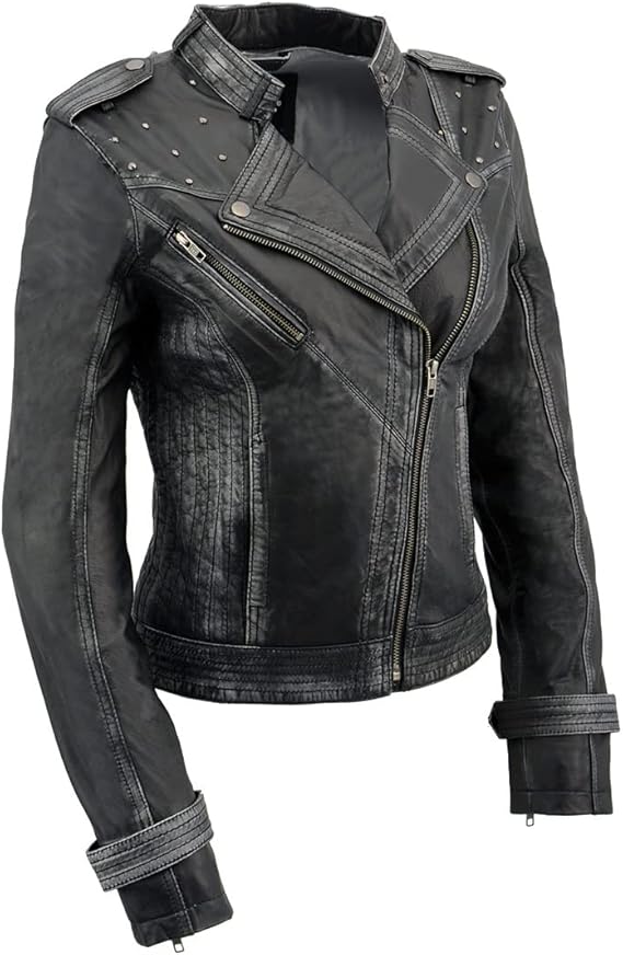 Milwaukee Leather Women's Black Sheepskin Leather Asymmetrical Motorcycle Jacket w/Studding SFL2840 (US, Alpha, Large, Regular, Regular, Black)