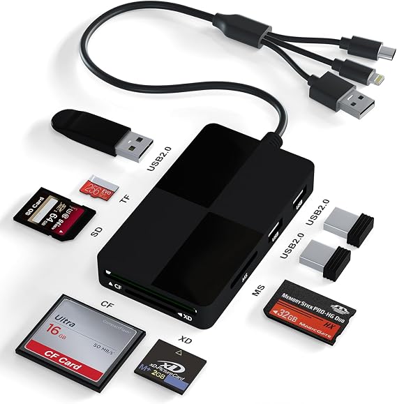 Memory Stick pro Duo Adapter Reader - 8 in 1 SD/TF/MS/CF/XD Card Reader with 3 USB 2.0 Ports for iPhone/Computer/USB-C Device, Built-in 3-in-1 Connector (Lightning, USB-C and USB-A), No App Required