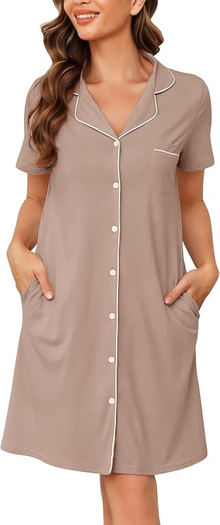Vlazom Women's Nightgowns Short Sleeve Sleep Shirts Nightshirt V Neck Button Down Pajama Sleepwear S-XXL