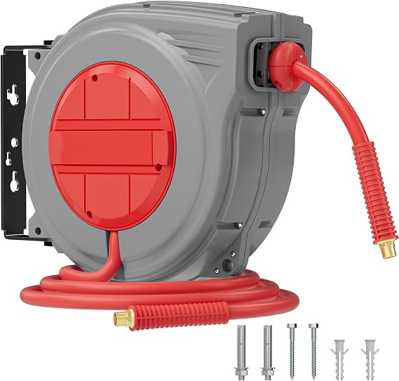 Ecarke 3/8" Retractable Air Hose Reel,50 Ft Hybrid Hose, UP 300 PSI Max Pressure, Air Compressor Hose Reel Tool Auto Rewind with 180 Swivel Mounting Kit for Garage, Workshop Ceiling/Wall Mount