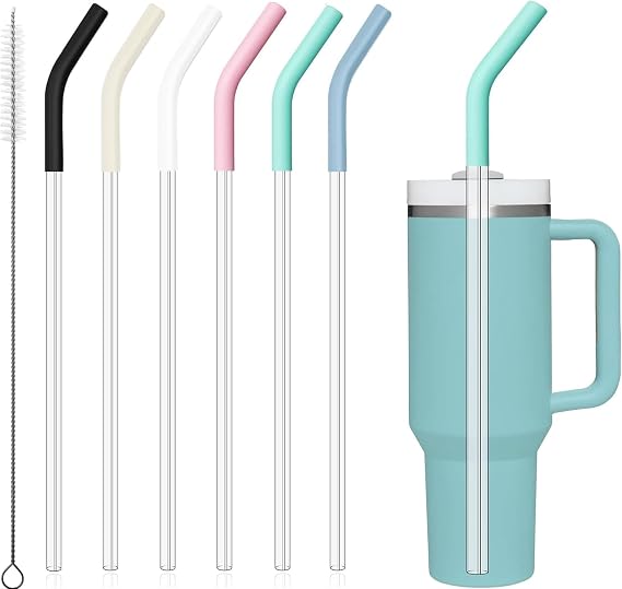 ALINK Replacement Straws for 40 oz 30 oz Stanley Tumbler, 6Pcs Reusable Straight Long Plastic Straws with 6 Silicone Tips and 1 Straw Cleaning Brushes