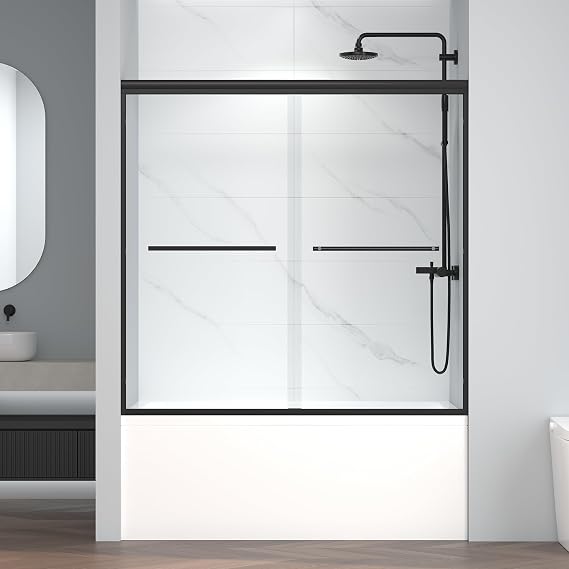 ENSO SENKA Sliding Bathtub Shower Door 56-60" W x 58" H, Matte Black | Semi-Frameless, 1/4" (6mm) SGCC Clear Tempered Glass, Easy to Clean, Anti-Splash, Reversible Installation, Glass Door for Tub