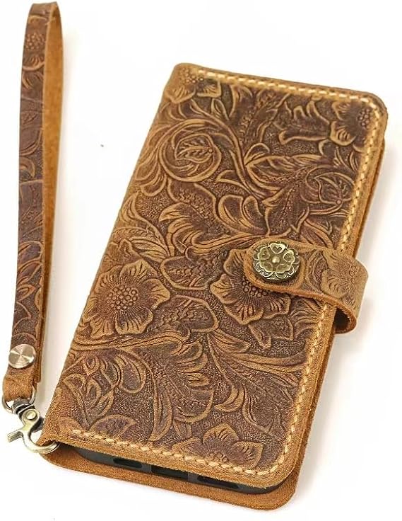 Tooled Leather Phone Wallet Case Compatible with iphone 17 16 15, Hand-Sewn Saddle Stitch, 4 Card Slots, Wrist Strap, Snap Folio
