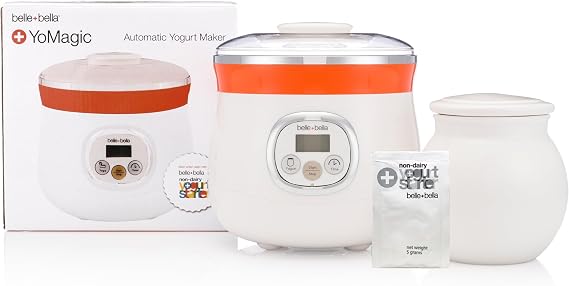 Belle + Bella YoMagic Automatic Yogurt Maker Kit with 1 Packet of Yogurt Starter - Simple, Delicious, Healthy Homemade Yogurt - Suitable for Use with Dairy & Non-Dairy Milk - Makes 1 quart/liter