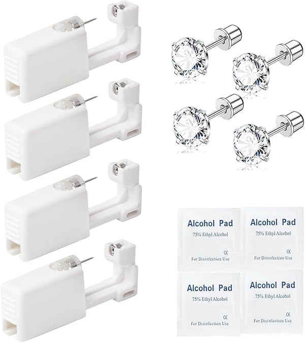 Ear Piercing Kit - Disposable Ear Piercing Gun Self Cartilage Tragus Conch Piercer Tools with Cubic Zirconia Earrings Stud 3mm 4mm 5mm | 4 Pack