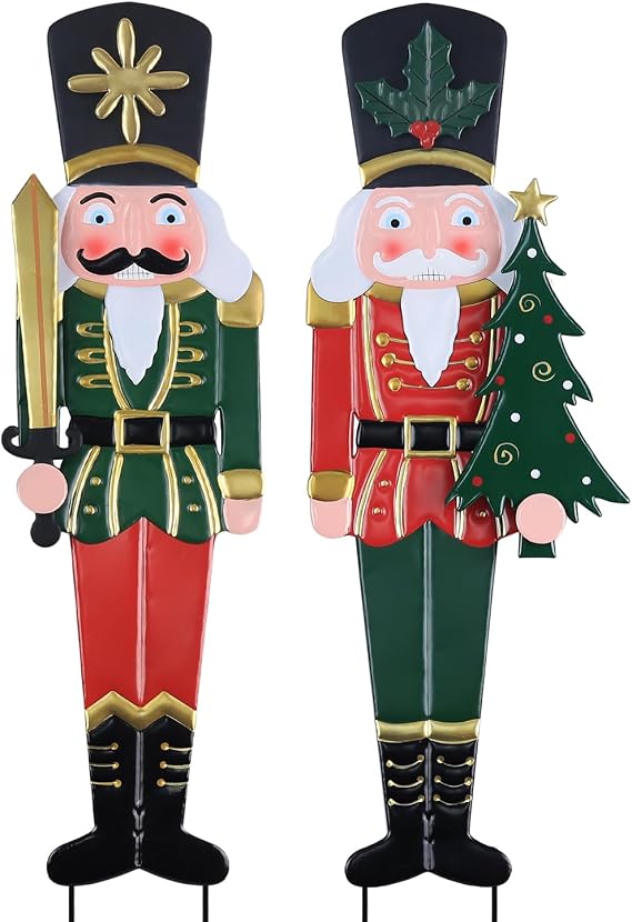 YEAHOME Outdoor Christmas Decorations, Set of 2 Metal Nutcracker Decorative Garden Stakes for Christmas Outdoor Yard, Xmas Walnut Soldier Yard Signs for Outside Home Garden Lawn Porch Pathway Decor