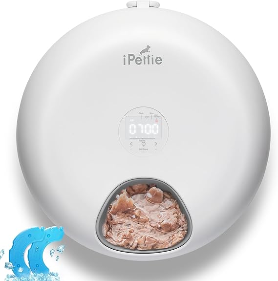 iPettie Donut Frost 6 Meal Cordless Automatic Pet Feeder with Two Ice Packs | Dry & Wet Food Automatic Cat Feeder, Rechargeable Massive Battery, Programmable Timer, Classic White