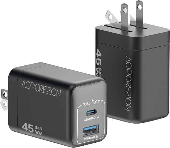 45W Dual Port USB Wall Charger, PD3.0 QC4+ Fast Charging Adapter, Black Two