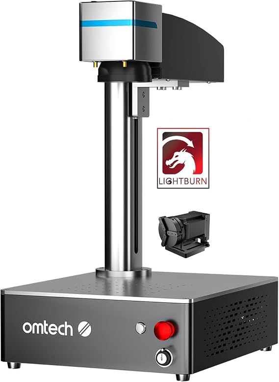 OMTech 20W MOPA Fiber Laser Engraver with Lightburn and Rotary Axis, 5.9"x5.9" Workbed Compact Laser Marking Machine for Metal Color Marking