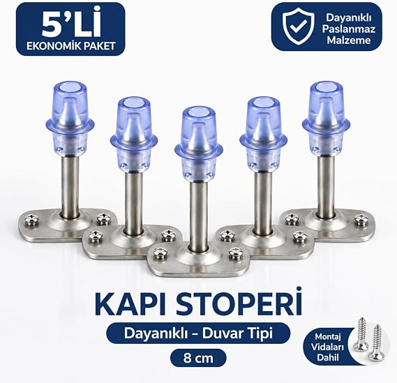 Duvar Tipi Kapı Stoperi, Metal Gövdeli, Şeffaf Uçlu, 8 cm, Vida Dahil, 5'li Paket