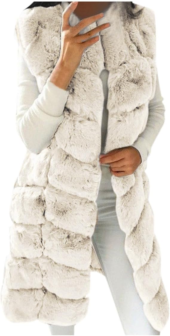 Women's Sleeveless Winter Coats Fuzzy Long Faux Fox Fur Vest Warm Mid-Length Vest Tops Fall Winter Fashion Clothes