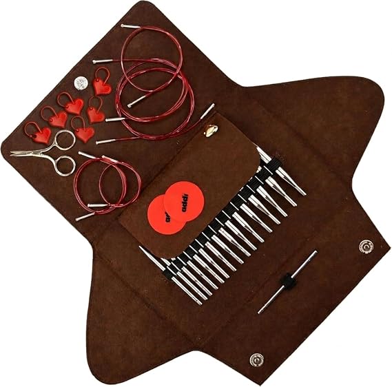 addi Click LACE Short Tips Extended Edition - Interchangeable Needle Set with addi Gold Scissors, 5 Red Cords, addi Stitch Marker and addi Grip Pads