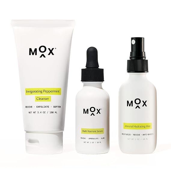 Mox Skincare Super Set Face Care Kit (3pk) | Peppermint Face Cleanser + Multi Nutrient Serum + Mineral Hydrating Mist | Hydrate, Exfoliate, Glow.