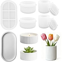 9Pcs Silicone Mould Set for Vase, Tray & Candle Holder, 4 Jar Moulds with Lids and 1 Oval Tray for Resin Casting, Flower Pot and Storage Box Moulds for Concrete, Resin, Wax(White)