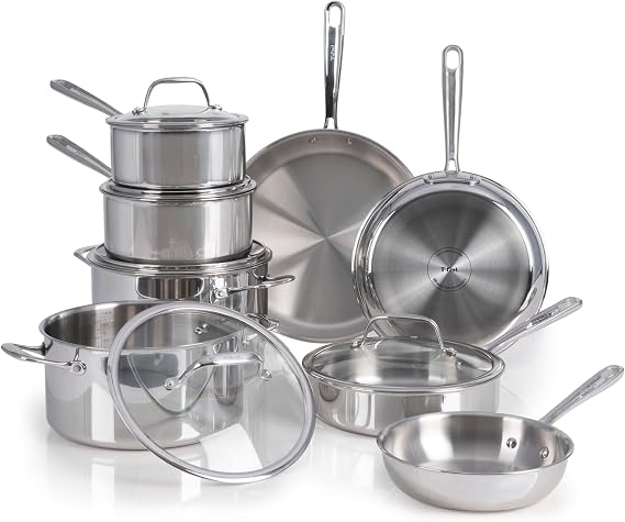 T-fal Pro Tri-Ply Stainless Steel 13-Piece Induction Cookware Set | NSF listed, Oven safe to 500F, Glass lids to 350F, All cooktops compatible, Saucepans, saute pan, and stockpot included