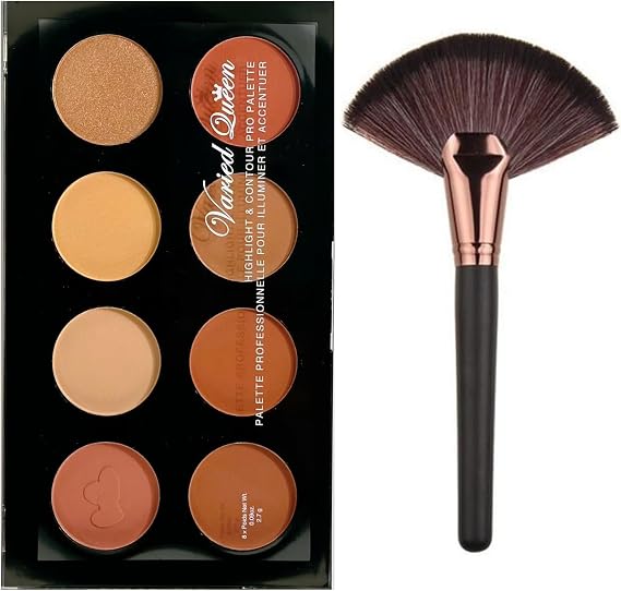 8 Colours Highlighter, Blusher, Bronzer, Bronzing Face Contour Palette + Large Rose-Gold Fan Cheek/Blending/Contour/Highlighter/Bronzer/Dust Makeup Brush