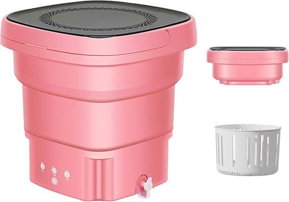 Portable Mini Washing Machine and Dryer, 4.5L Foldable Bucket Washing Machine, 3 Modes Half Automatic Washt Apartment Washer and Dryer Portable for Underwear, Baby Clothes, Socks,Pink