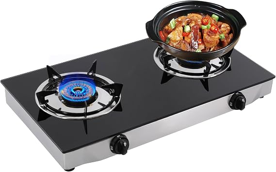 Propane Gas Cooktop 2 Burners Gas Stove, Portable Stove Tempered Glass Double Auto Ignition Burners, Outdoor Camping Burner LPG for Apartments, Backyard Kitchen, Grill, Outdoor