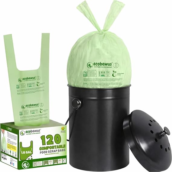 1.6 Gallon Certified Compostable Food Scrap Bags, Handle Tie (120 Bags), Small Kitchen Compostable Trash Bags, BPI Certified, TUV OK Compost HOME Certified, Meets ASTM D6400 (120 ct.)