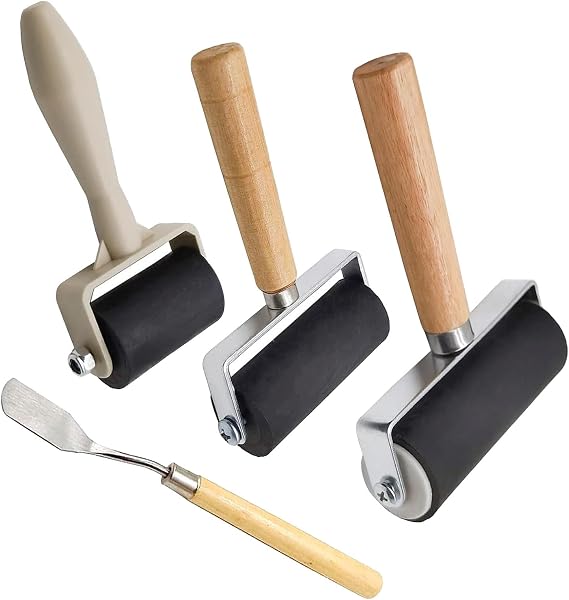 3 Pcs Brayer Roller Set, 3 Sizes Rubber Roller with Scraper for Printmaking DIY Crafts, Ink Applicator Tool (1.4 in/2.4 in/4 in)