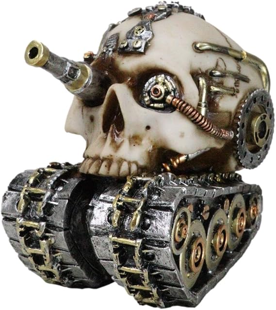 Ebros Gift Military War Steampunk Android Gearwork Robotic Cyborg Skull Tank Figurine Sci Fi Clockwork Gear Skull Cranium Design Skeleton