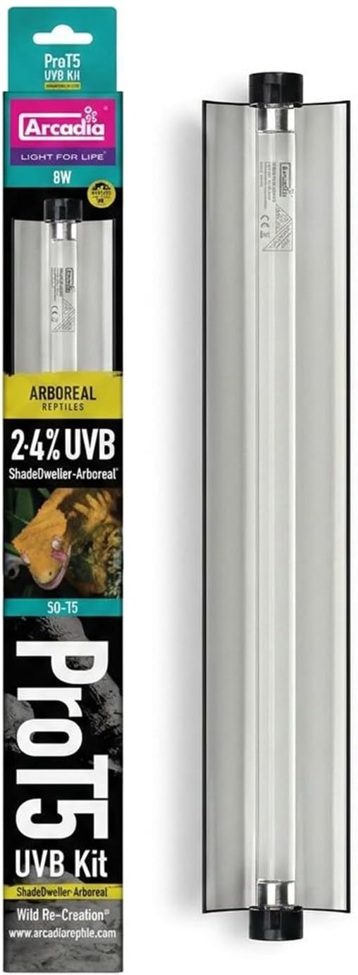 Arcadia T5 UVB Reptile Light Fixture Kit 12" Long 8 Watts 2.4% ShadeDweller-Arboreal Complete UVB Light for Arboreal Reptiles, Basking Lamp for Geckos and Tree-Dwelling Species, Easy Indoor Lighting