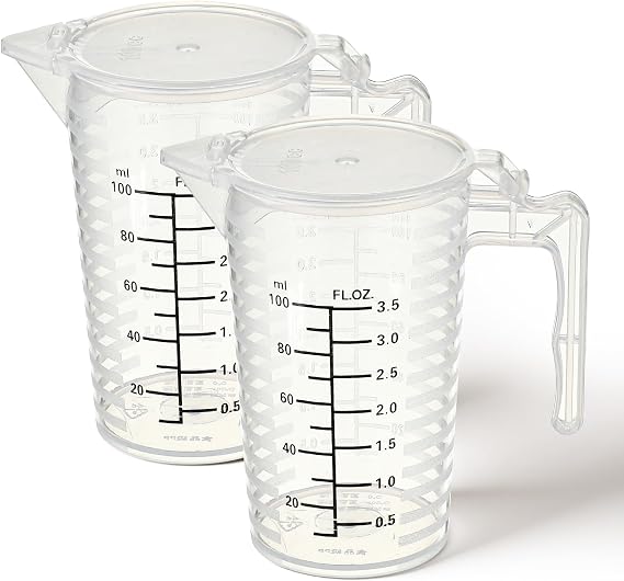 100ml Plastic Graduated Beaker, 2 Pack Liquid Measuring Cup with Handle with Lid, Measuring Pitcher Measure Containers for Liquid Mixing, Pet Food, Motor Oil, Laboratory, Kitchen