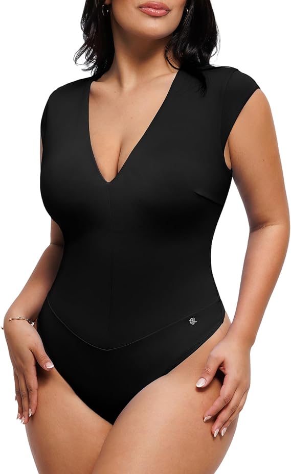 Popilush Women's Shapewear Bodysuit Deep V Cap Sleeve Going Out Top
