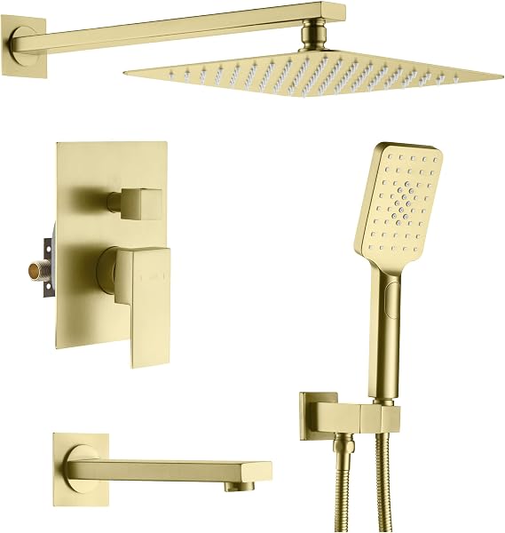 KIBI Cube 3-Function Shower System, Solid Brass, Brushed Gold
