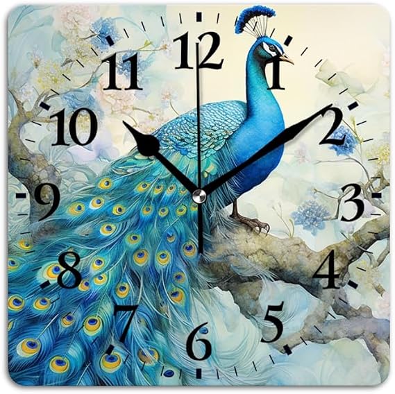 Quartz Wall Clocks Non-Ticking Silent Battery Operated Modern Wall Clocks Decorative for Home,Bedroom-Blue Peacock with Feathers Spread Out(10inch)