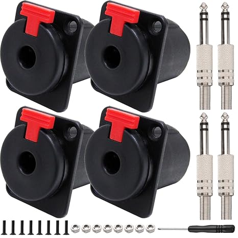 6.35mm (1/4") Female Stereo Socket Panel Mount Jacks, 1/4 Inch Female Stereo and Mono/TRS and TS Audio Socket with 6.35mm Heavy Duty TRS Mono Male Solder Plug (4 Pack)