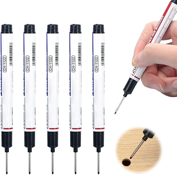 Eadwe 5PCS Long Head Deep Hole Marker Pens, 20mm Deep Reach Markers, Quick-dry Waterproof Long Nib Permanent Markers, Carpenter Ink Marker Pens, Construction Marking Tool, Metal Marking Pen (Black)