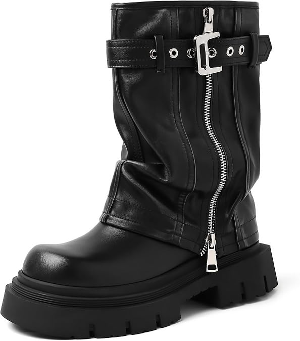 YIYA Women's Platform Fold Over Biker Mid Calf Boots Belt Buckle Square Toe Chunky Heel Zipper Short Motorcycle Ankle Combat Boots