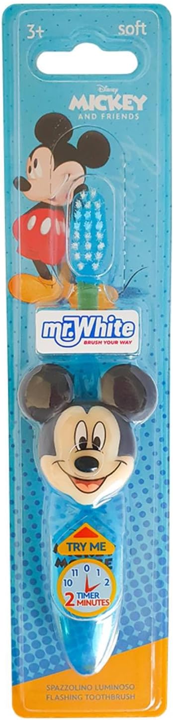 Disney Mickey Mouse Flashing Toothbrush for Kids with 2 Minute Flashing Light, Soft Rounded Bristles, and Comfortable Handle Grip for Children Ages 3