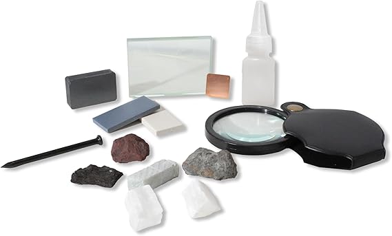 Mineral ID Kit - 13 Pieces - Includes Dropper Bottle, Streak Plate, Glass Plate, Magnet, Nail, Copper Sheet, Rock, Retractable Hand Lens, for Mineral Geology Classrooms