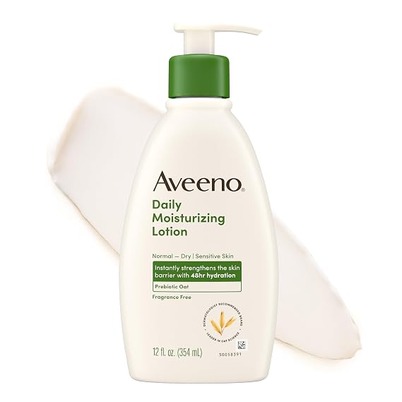 Aveeno Daily Moisturizing Body Lotion with Soothing Prebiotic Oat, Gentle Lotion for Women and Men Nourishes Dry Skin, Paraben-, Dye-, Fragrance-Free, Non-Greasy & Non-Comedogenic, 12 Fl Oz