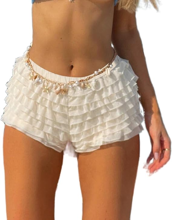 Womens Lace Trim Layered Ruffle Lolita Bloomer Shorts Coquette Sexy Boy Shorts Y2k Frilly Pumpkin Fairy PJ Bottoms (Ruffle White, S)