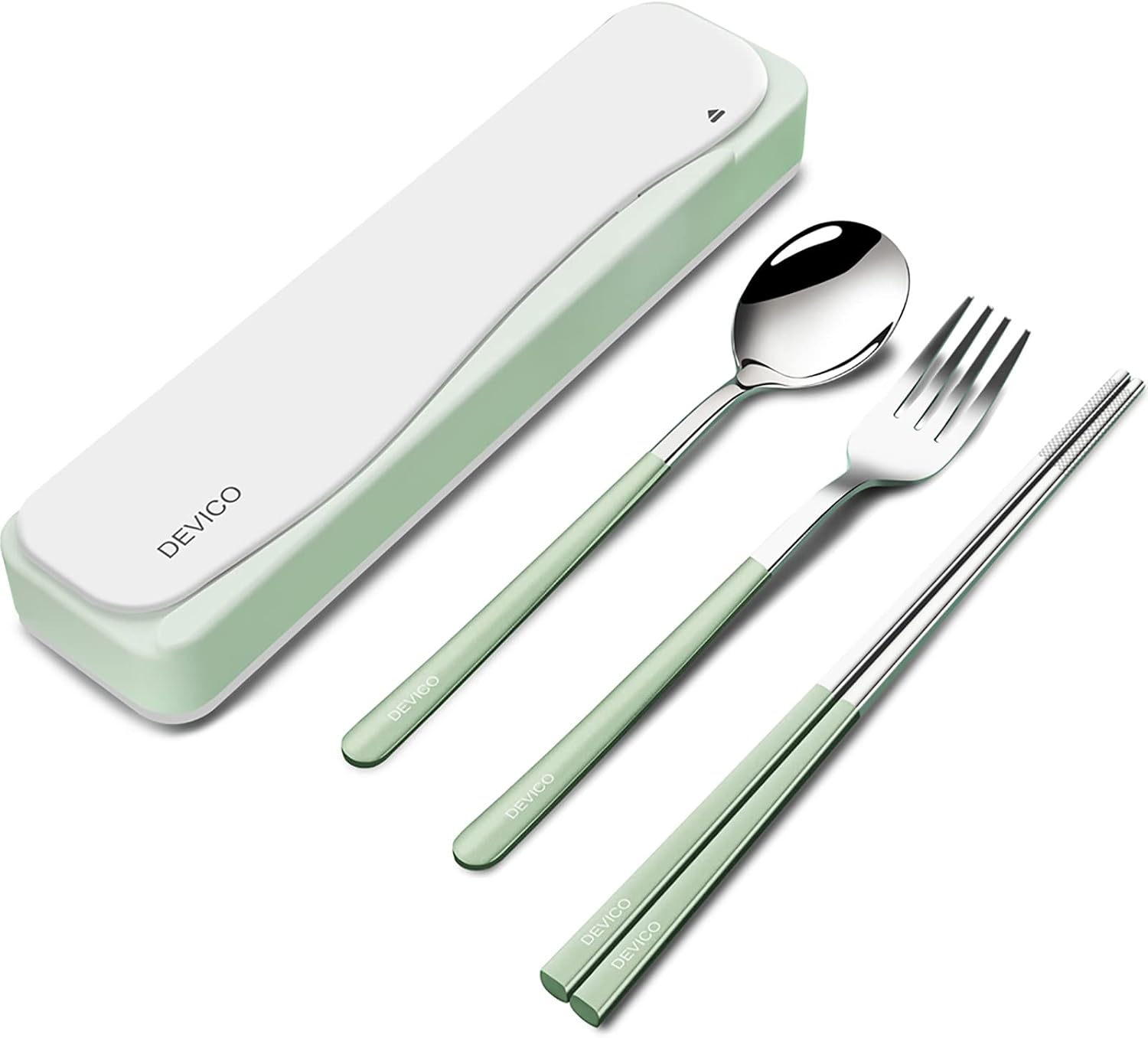 DEVICO Travel Utensils, 188 Stainless Steel 4pcs Cutlery Set Portable Camp Reusable Flatware Silverware, Include Fork Spoon Chopsticks with Case Green