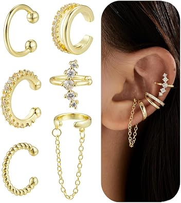 Ear Cuffs Non Piercing Chunky/Thin 14K Gold Plated Ear Cuff Earrings for Women Dainty Cuff for Non Pierced Ears Gold Clip on Cartilage Earring Fake Piercings 6PCS