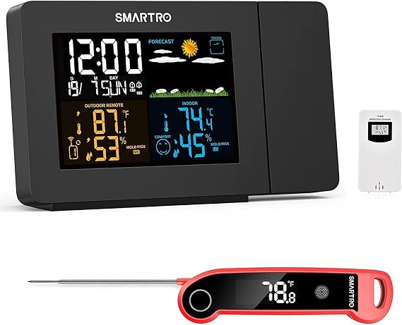 SMARTRO SC91 Projection Alarm Clock for Bedrooms with Weather Station and ST49 Instant Read Meat Thermometer Red
