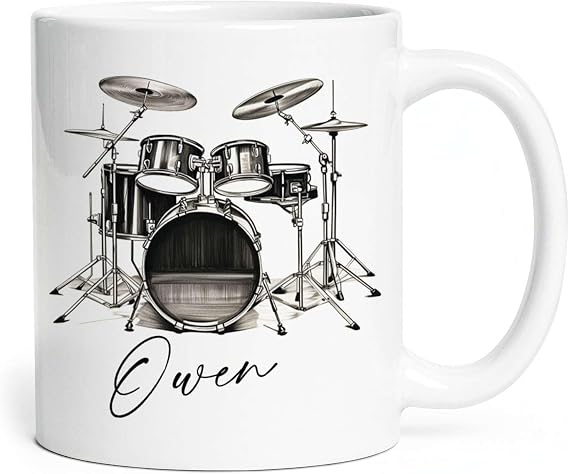 Personalized Drum Set In Black And White Coffee Mug, Drummer Coffee Mug Gift, Stylish Drummer Coffee Mug, Drummer Tea Cups With Name, Music Band Drum Lover Gift, Customized Drums Lover Present