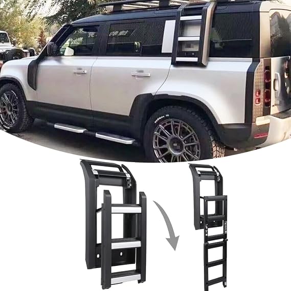 Foldable Liftable Ladder Protective Frame Side Roof Rack Access Ladder Window Roof Step Ladder Fits for Land Rover Defender 90 110 130 2020 2021 2022 2023 2024 (Matte Black), S-001