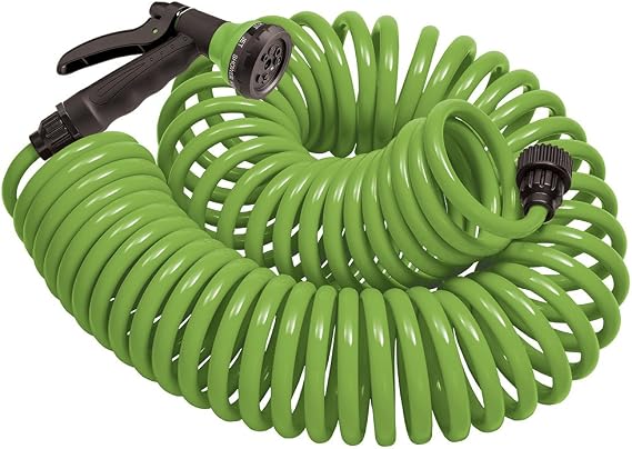 Orbit 27389 Coil Garden Hose, 50 Feet, with 8-Pattern Hose Nozzle (Green) | Flexible Coil Garden Hose with 8-Pattern Spray Nozzle for Lawn & Garden Watering, Lightweight & Easy to Store