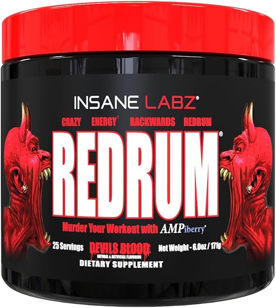 Insane Labz Redrum High Stim Pre Workout NO Booster Powder, Loaded with Beta Alanine Agmatine Sulfate Taurine Fueled by AMPiberry, OXYgold,Focus Strength Recovery,25 Srvgs Devil's Blood Black Cherry