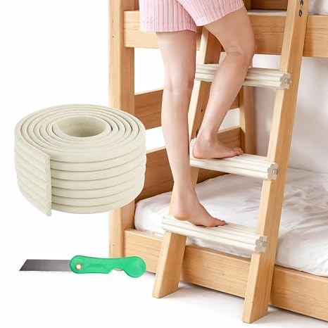 Soft Bunk Bed Ladder Pads with Cutter Foam Step Padding & Ladder Cover for Kids Loft Beds, Dorm Ladders, Stairs & Edges, Easy-Cut Protective Pads for Comfortable Climbing and Home Safety (White)