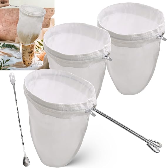 SNAIL GARDEN Thai Tea Filter Stainless Steel - with 2Pcs Replacement Coffee Tea Filter Bags+1 Mixing Bar Spoon, 5.4" Large Thai Tea Cotton Strainer with Handle & Zipper, Reusable Coffee Strainer