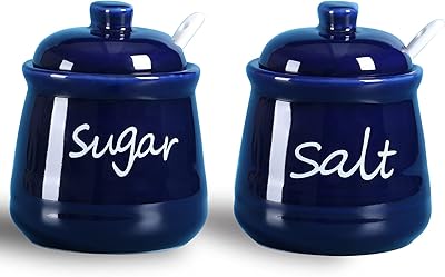 12oz Sugar and Salt Bowls with Lid and Spoon, Ceramics Condiment Pots,Seasoning Jar Spice Container for Kitchen,Dishwasher Safe Navy