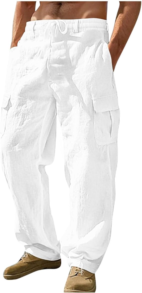 Mens Linen Cargo Pants Summer Casual Elastic Waist Pants Relaxed Fit Beach Yoga Travel Lounge Trousers with Pockets
